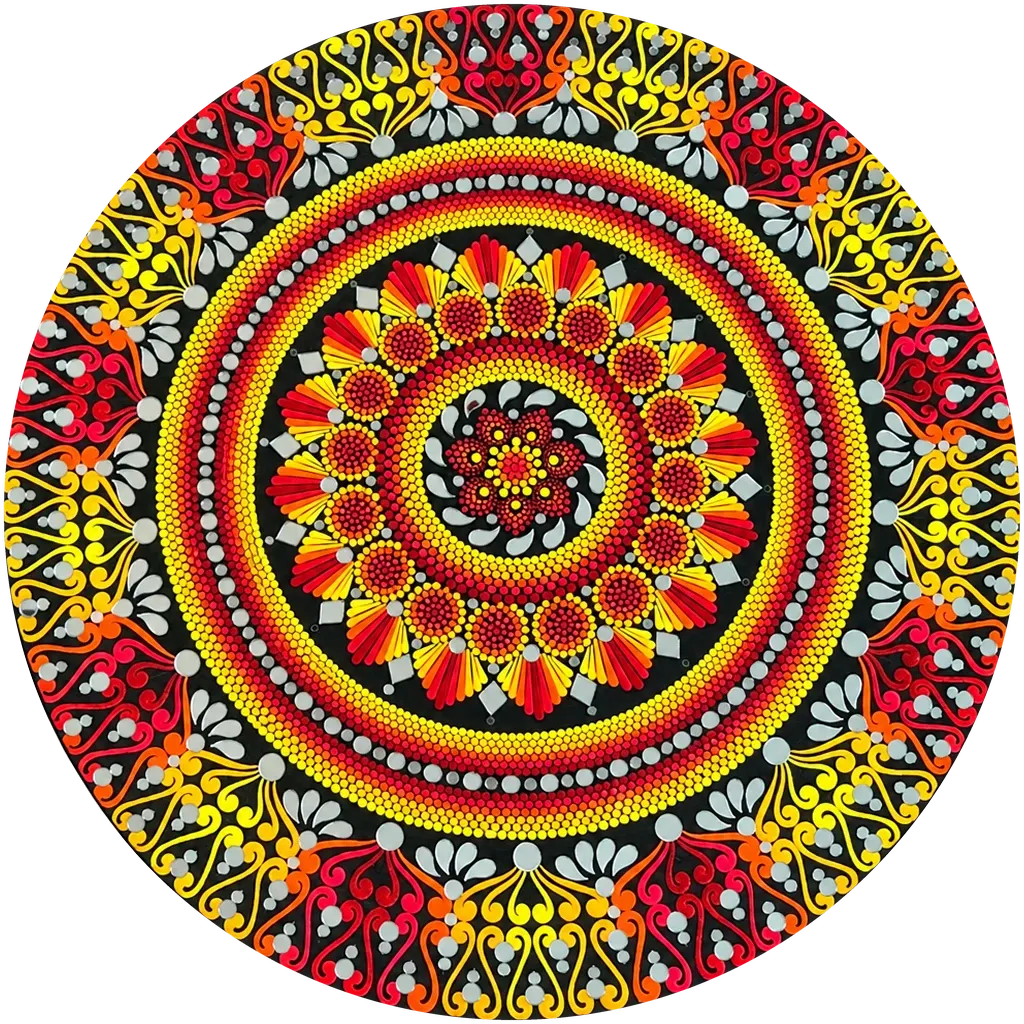 Flame Wheel, a 24-inch hand-painted dot mandala wall disc