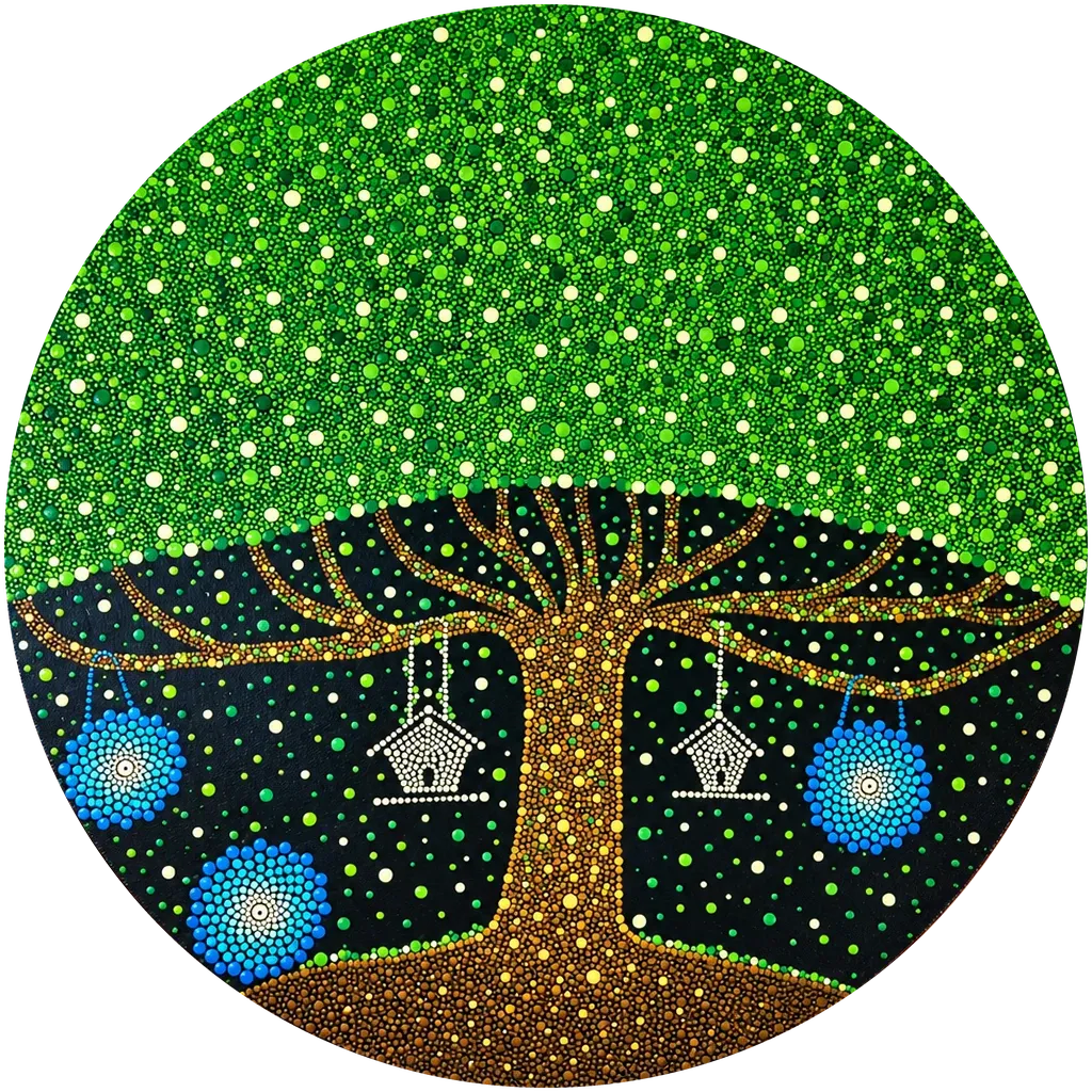 Tree of Wishes II, a 22-inch hand-painted dot mandala wall disc