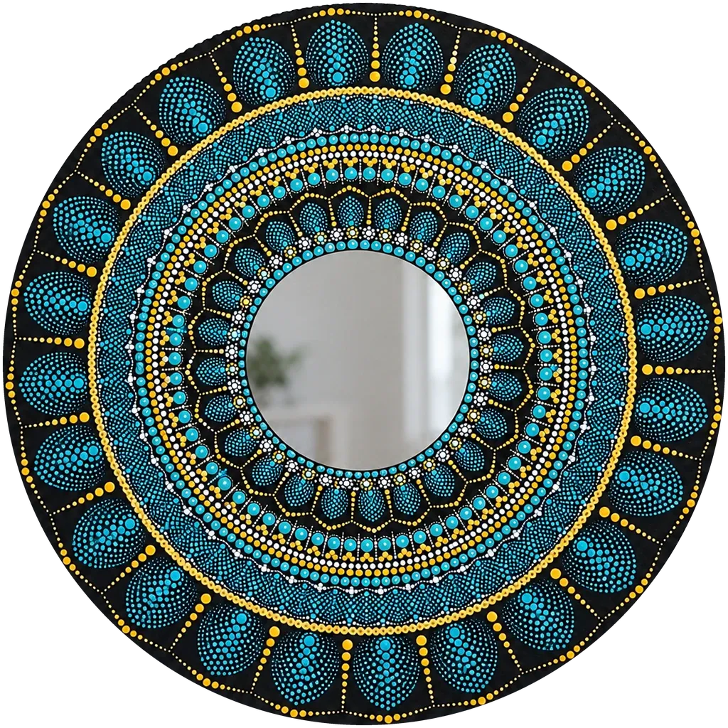 Midnight Petal Mirror, a 18-inch hand-painted dot mandala mirror