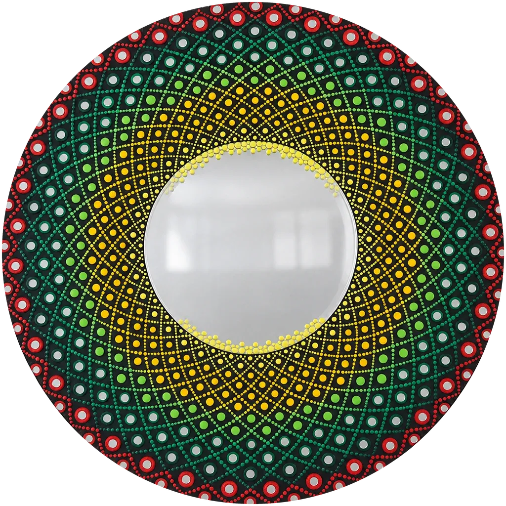 Green Lattice Mirror, a 24-inch hand-painted dot mandala mirror