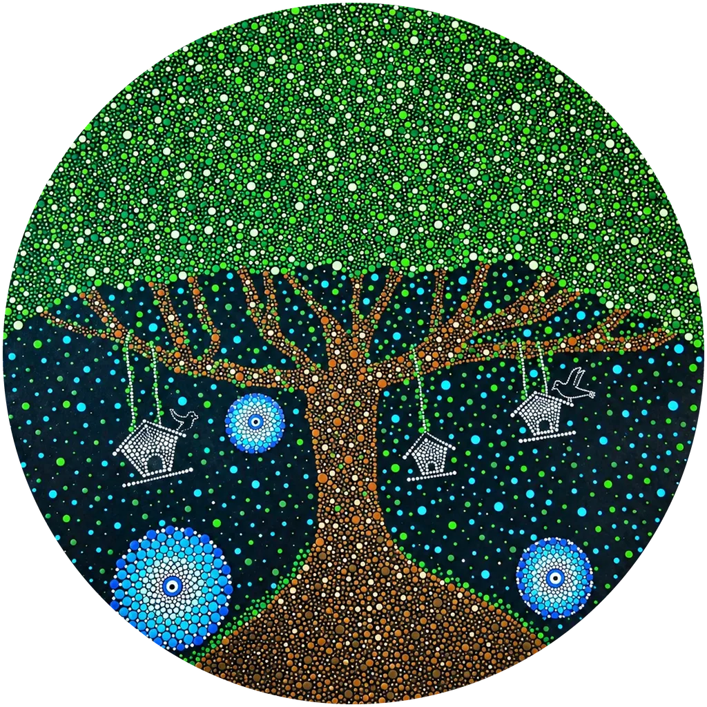 Tree of Wishes, a 22-inch hand-painted dot mandala wall disc