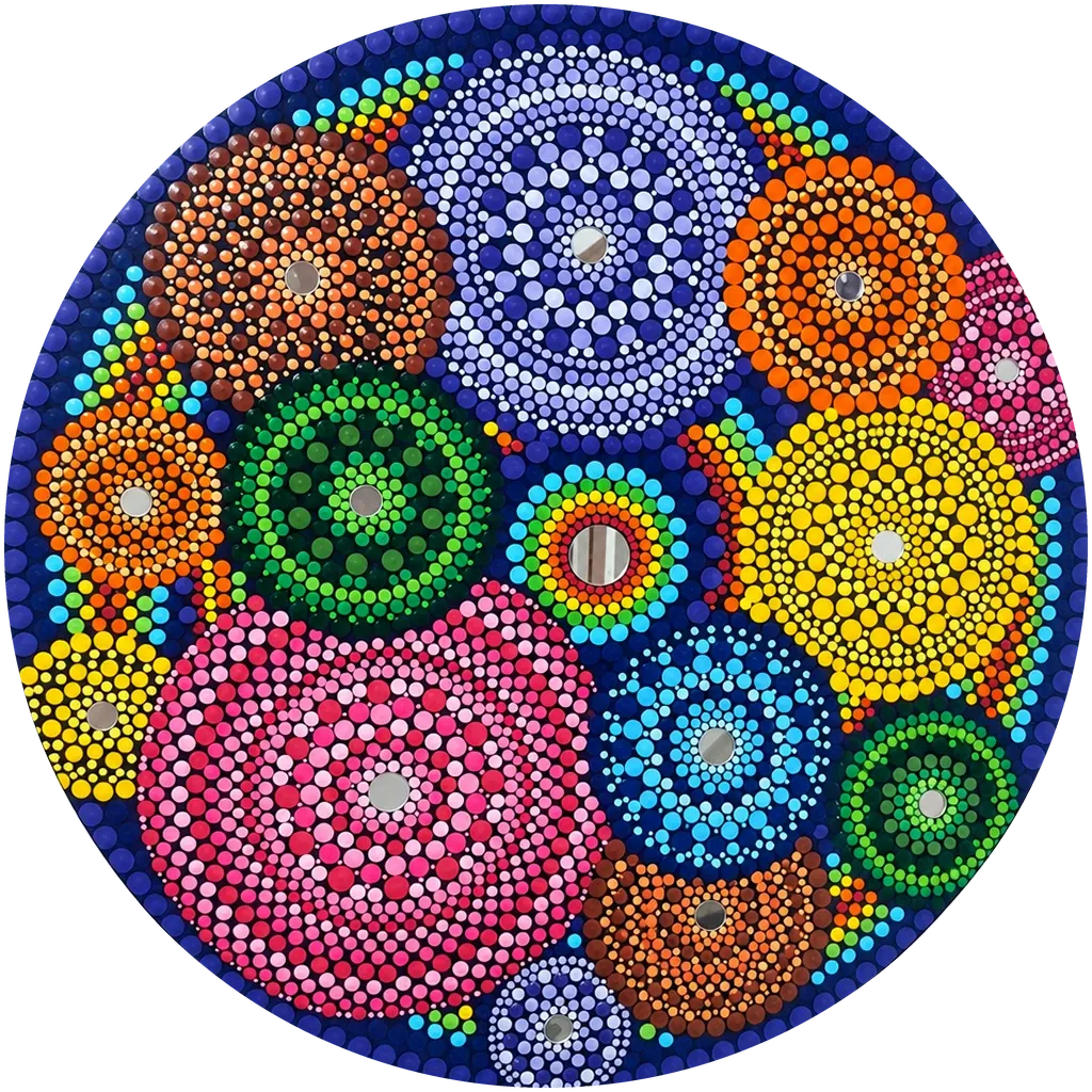 Garden of Small Worlds, a 20-inch hand-painted dot mandala wall disc