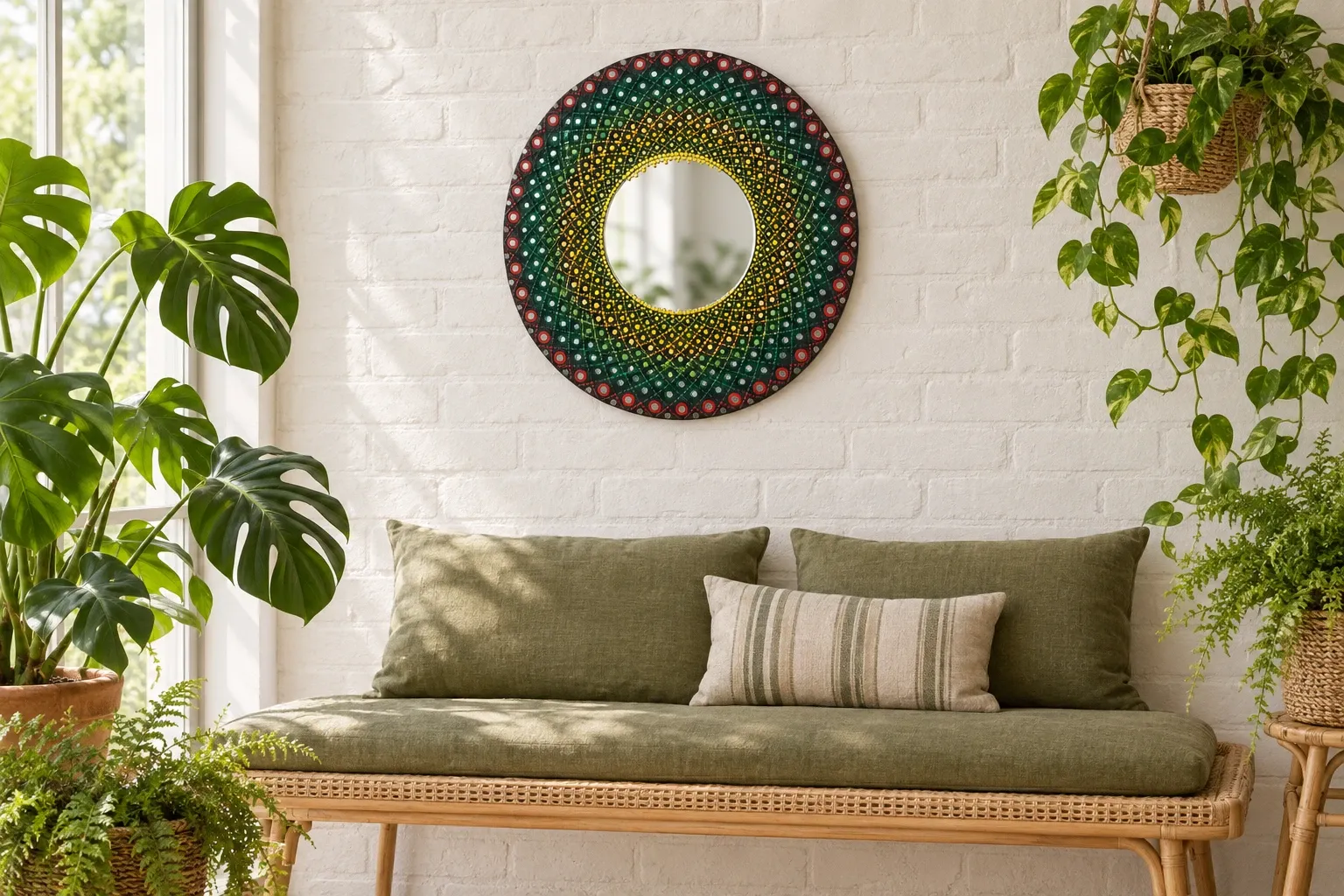 Green Lattice Mirror in a sunroom