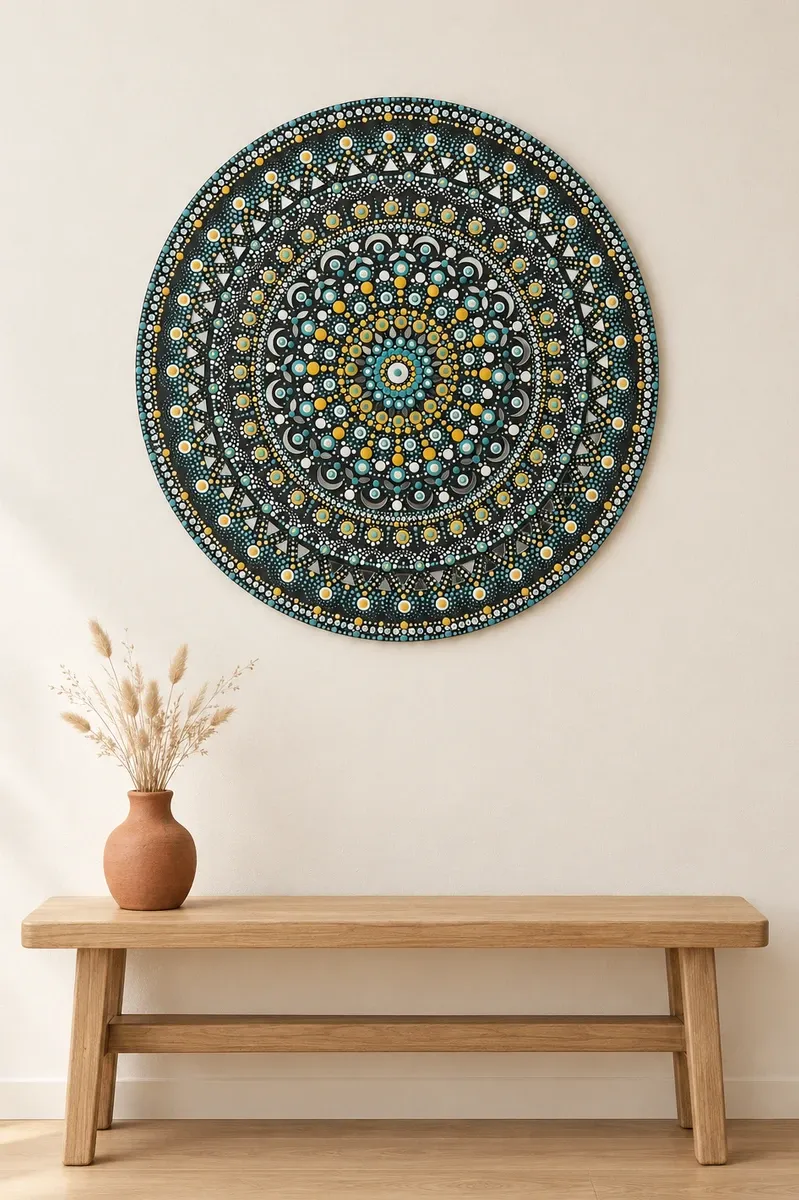 Starlit Pearl, 20 inches, hanging above a wooden bench