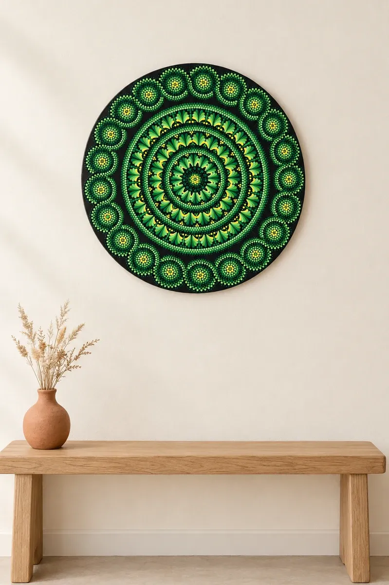 Emerald Bloom, 16 inches, hanging above a wooden bench