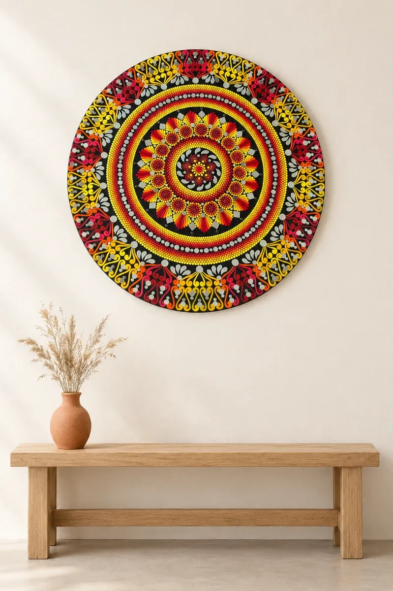 Flame Wheel, 24 inches, hanging above a wooden bench