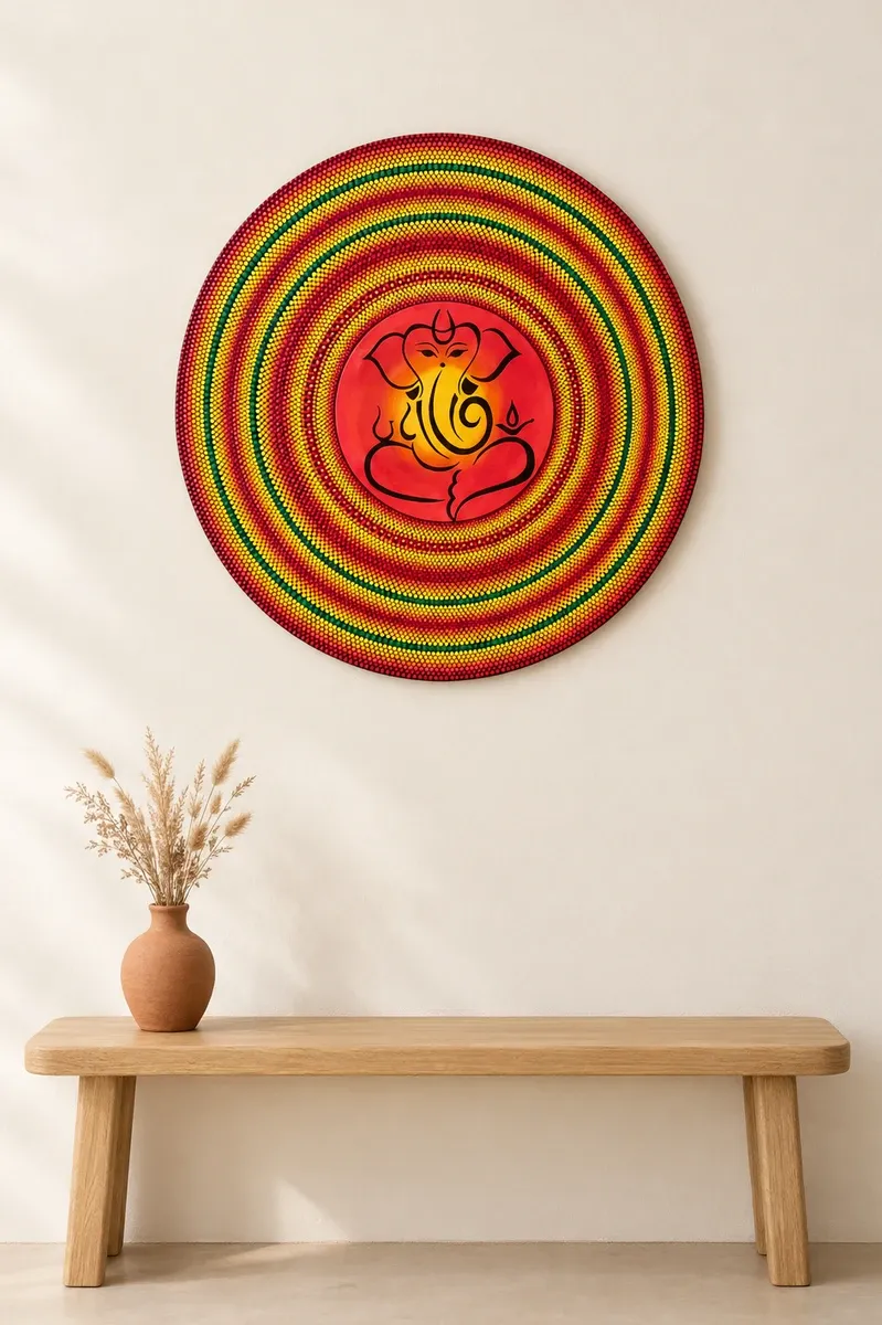 Ganesha in Rings of Light, 24 inches, hanging above a wooden bench